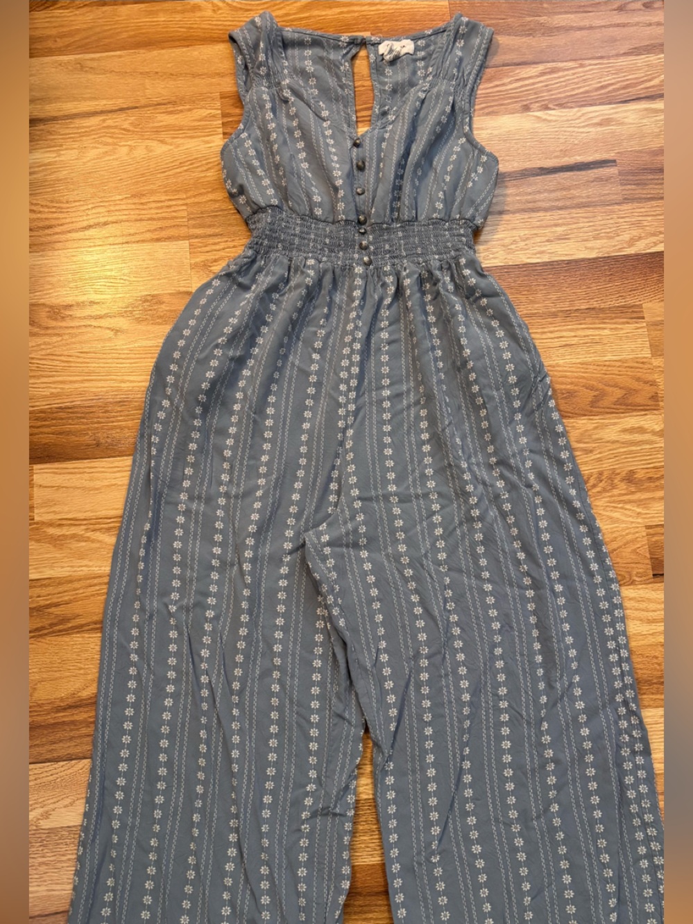 Jayne Slate Blue Striped Floral-Print Button Boho Cottagecore Jumpsuit Womens M